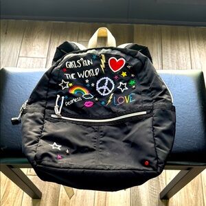 🎒 “Girls Run the World” Rainbow Backpack – Lots of Pockets! (Pre-Loved) 🖤🌈